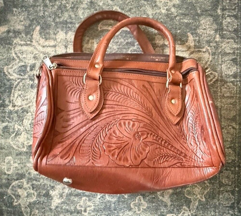 American West Vintage Hand Tooled Brown Leather Western Satchel Purse Multi Zip